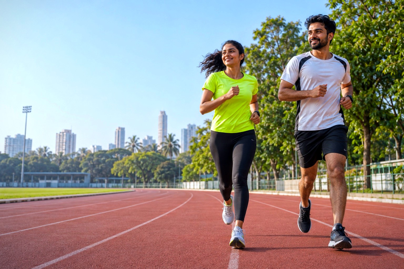 Two runners training together on a sunny outdoor running track