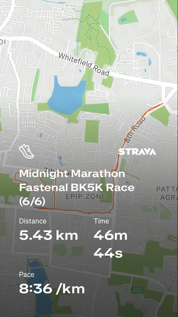 Saraswathi's Strava activity for the Midnight Marathon 5K